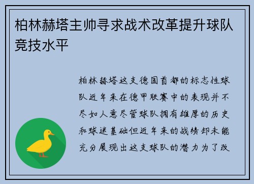 柏林赫塔主帅寻求战术改革提升球队竞技水平