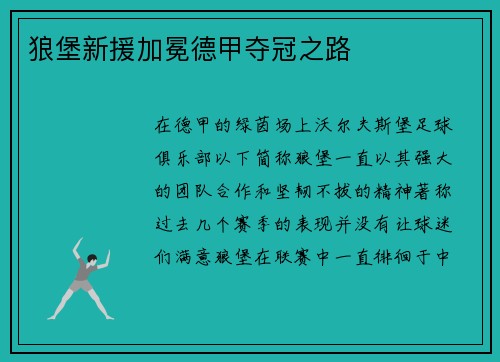 狼堡新援加冕德甲夺冠之路