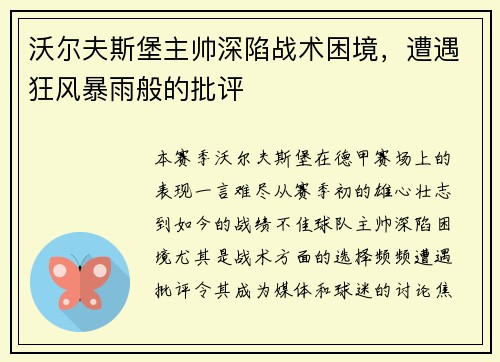 沃尔夫斯堡主帅深陷战术困境，遭遇狂风暴雨般的批评