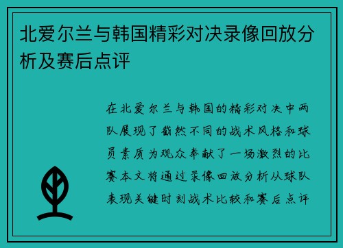 北爱尔兰与韩国精彩对决录像回放分析及赛后点评