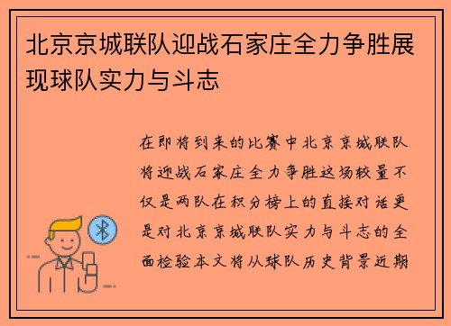 北京京城联队迎战石家庄全力争胜展现球队实力与斗志