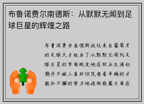 布鲁诺费尔南德斯：从默默无闻到足球巨星的辉煌之路