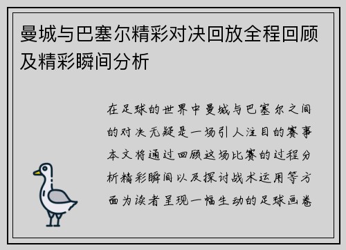 曼城与巴塞尔精彩对决回放全程回顾及精彩瞬间分析