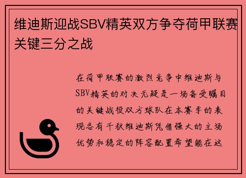 维迪斯迎战SBV精英双方争夺荷甲联赛关键三分之战