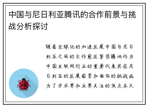 中国与尼日利亚腾讯的合作前景与挑战分析探讨