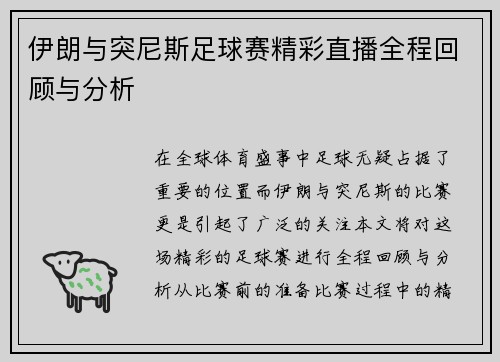 伊朗与突尼斯足球赛精彩直播全程回顾与分析