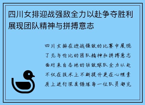 四川女排迎战强敌全力以赴争夺胜利展现团队精神与拼搏意志
