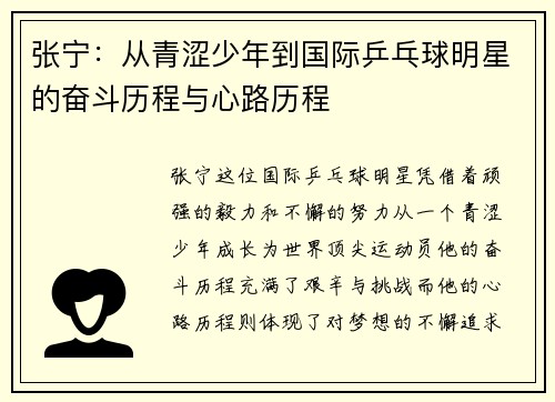 张宁：从青涩少年到国际乒乓球明星的奋斗历程与心路历程