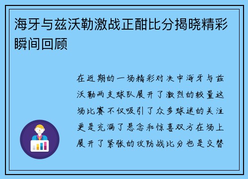 海牙与兹沃勒激战正酣比分揭晓精彩瞬间回顾