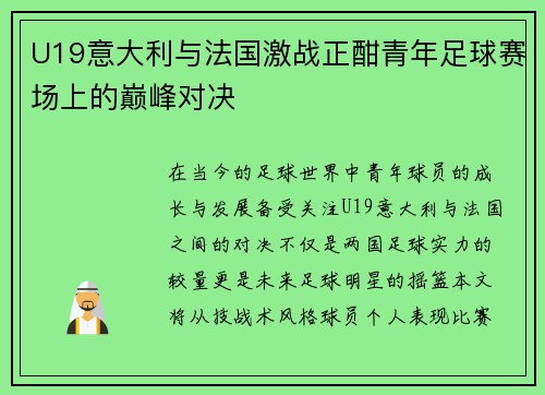 U19意大利与法国激战正酣青年足球赛场上的巅峰对决