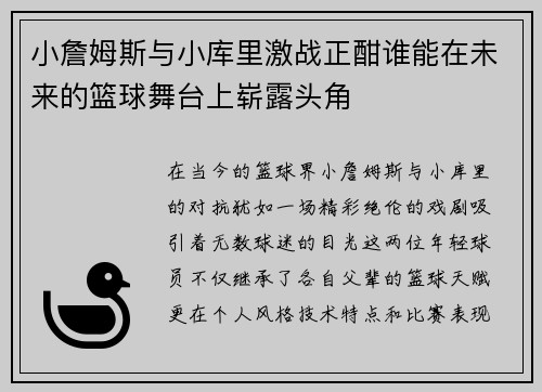 小詹姆斯与小库里激战正酣谁能在未来的篮球舞台上崭露头角