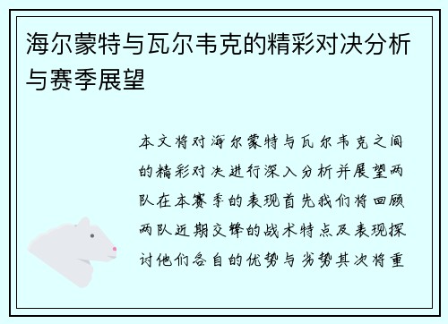 海尔蒙特与瓦尔韦克的精彩对决分析与赛季展望