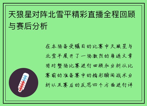 天狼星对阵北雪平精彩直播全程回顾与赛后分析