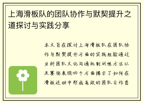 上海滑板队的团队协作与默契提升之道探讨与实践分享