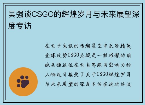 吴强谈CSGO的辉煌岁月与未来展望深度专访