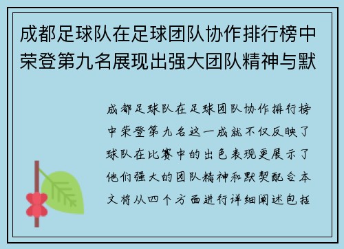 成都足球队在足球团队协作排行榜中荣登第九名展现出强大团队精神与默契配合 - 副本